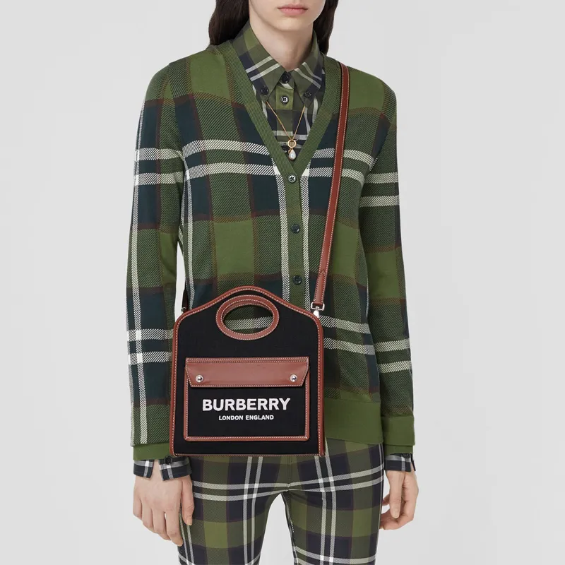 Burberry Pocket Bag Cotton With Leather Tote Bag Shopping Bag Handbag Shoulder Bag Crossbody Bag Mini Women's Black Tan-6