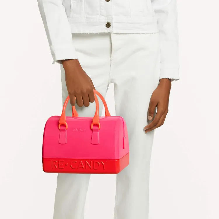 Furla Candy Recycled TPU Boston Bag Shoulder Bag Crossbody Bag Handbag Medium Size Women's Pink & Red-4