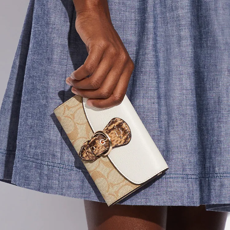 COACH Pebbled Snakeskin Print Leather With Canvas Accents Clutches Wallets Women's Ivory Khaki-4