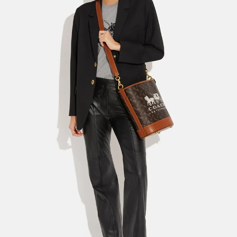 COACH Dakotah Canvas With Calfskin Bucket Bags Handbags Shoulder Bag Crossbody Bag Large Size Women's Brown Black-4