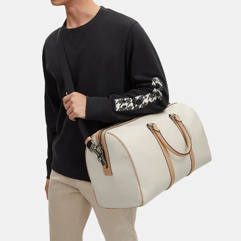 COACH Venturer Pebbled Leather With Smooth Calfskin Leather Boston Bag Handbag Tubas Men's White & Light Khaki-3
