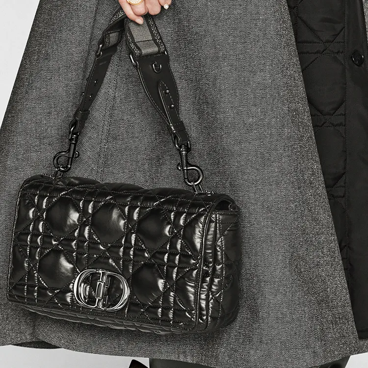 DIOR Caro Cow Leather Shoulder Bag Crossbody Bag Large Size Women's Black Silver-7