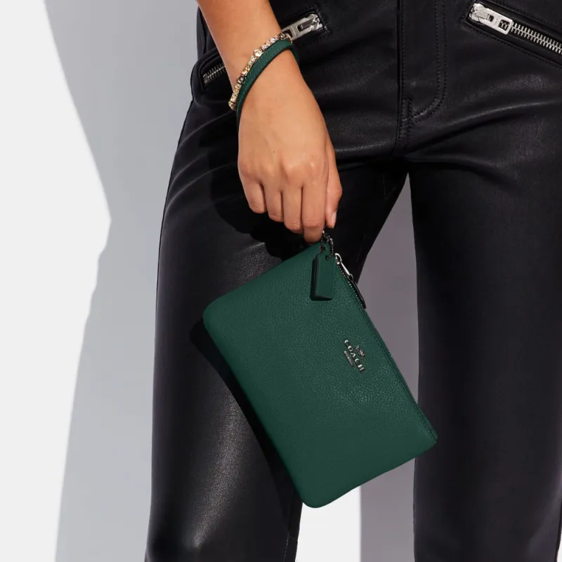 COACH Wristlet Pebbled Leather Wrist Bags Clutches Small Size Women's Forest Green-4