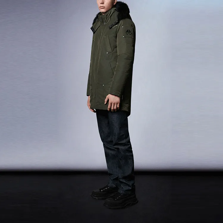 Moose Knuckles FW21 Solid Color Hooded Mid-Length Down Jacket Men's Army Green-3