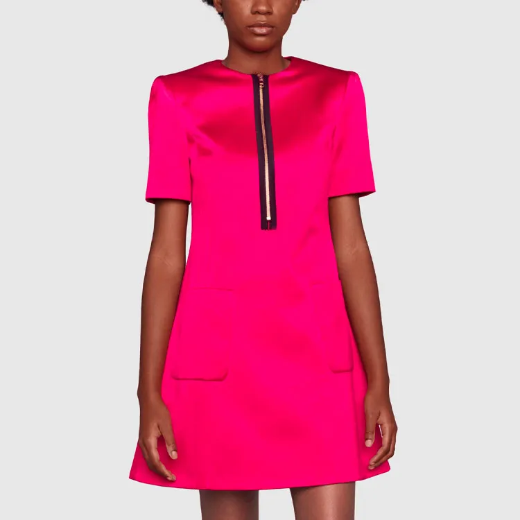 GUCCI Short Sleeve Satin Cocktail Dress Pink-3