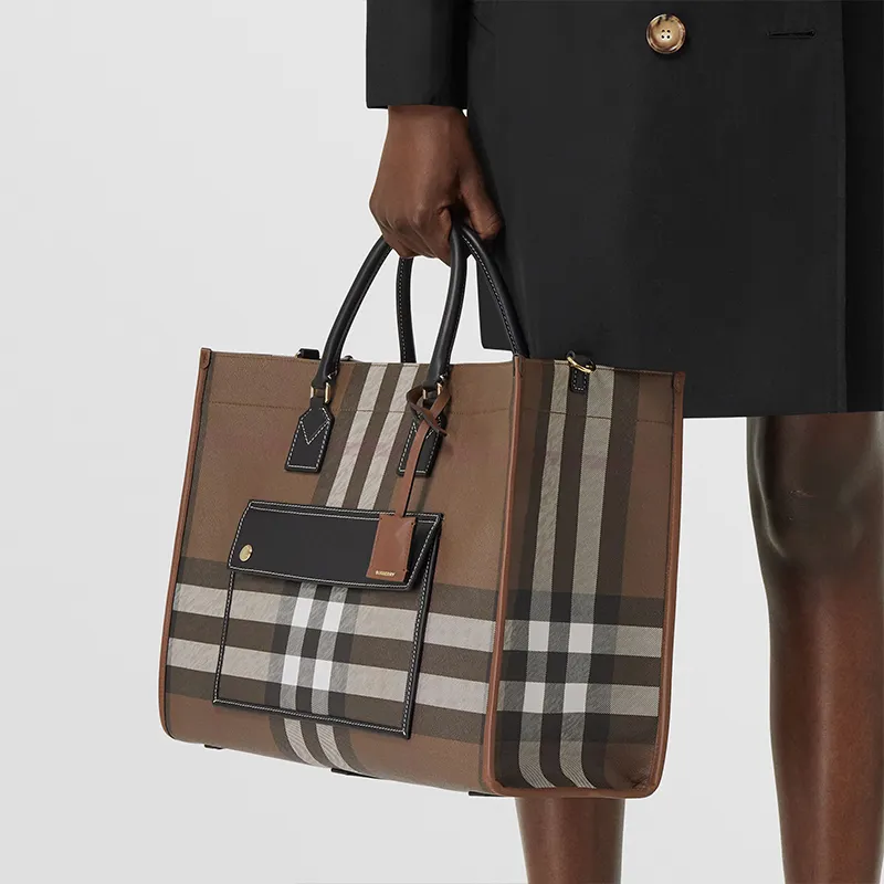 Burberry Check And Leather Freya Tote Bag Medium Dark Birch Brown-7