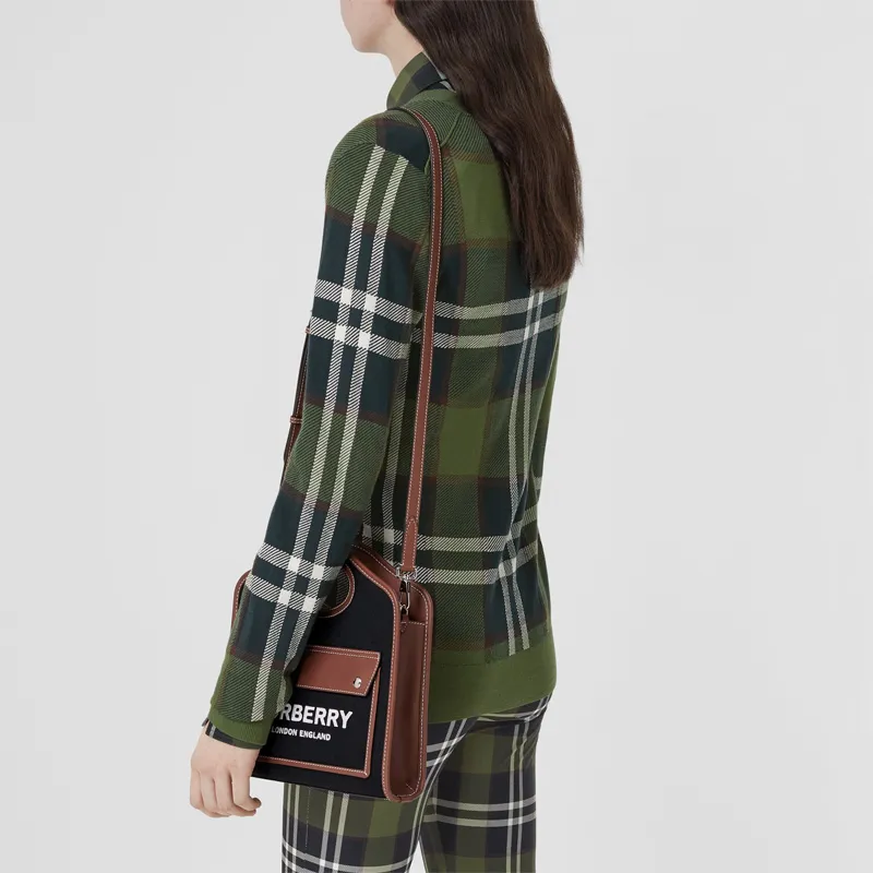 Burberry Pocket Bag Cotton With Leather Tote Bag Shopping Bag Handbag Shoulder Bag Crossbody Bag Mini Women's Black Tan-7
