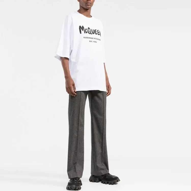 Alexander McQueen Logo Letter Print Crew Neck Short Sleeved T Shirt Men's White-2