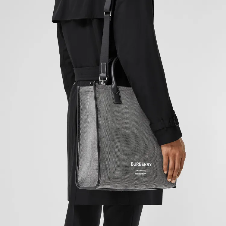 Burberry Horseferry Canvas Tote Bag Shopping Bag Shoulder Bag Crossbody Bag Handbag Men's Black/Gray-6