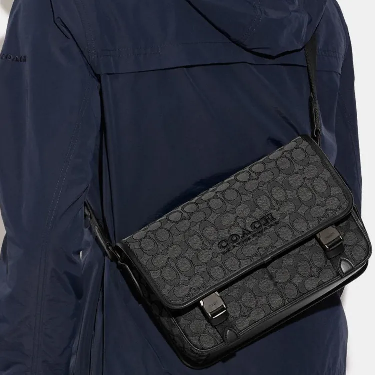 COACH League Jacquard Canvas With Refined Calfskin Shoulder Bag, Crossbody Bag Tubas Men's Black-4
