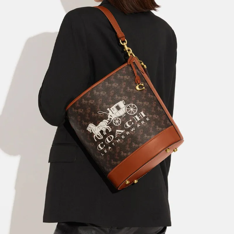 COACH Dakotah Canvas With Calfskin Bucket Bags Handbags Shoulder Bag Crossbody Bag Large Size Women's Brown Black-5