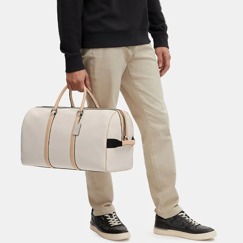 COACH Venturer Pebbled Leather With Smooth Calfskin Leather Boston Bag Handbag Tubas Men's White & Light Khaki-4