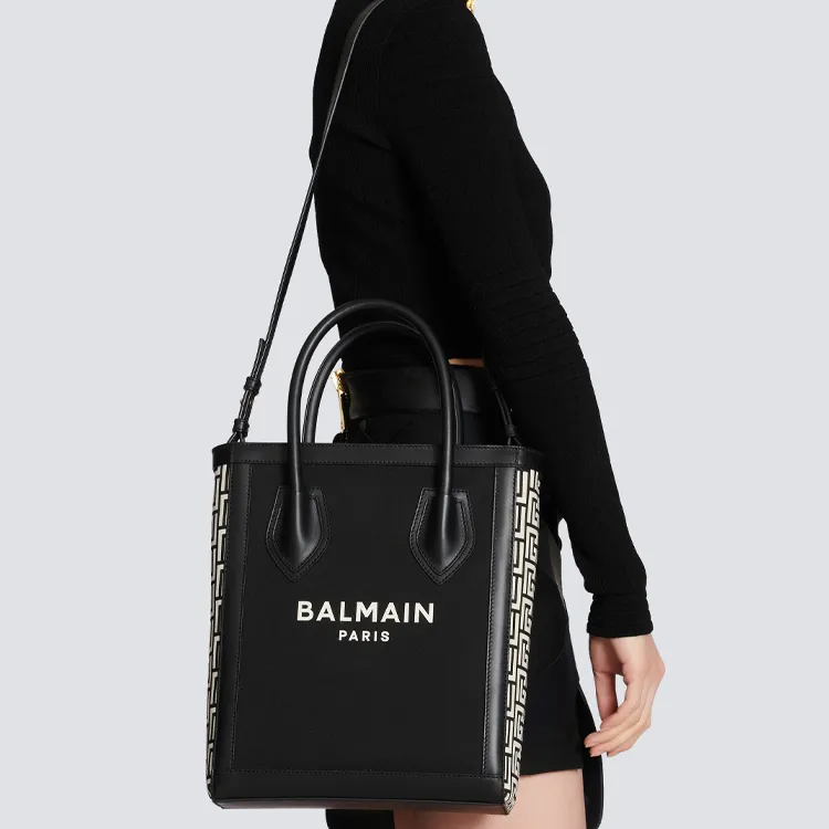 BALMAIN B ARMY Canvas With Leather Canvas Bag, Shoulder Bag, Crossbody Bag, Handbag Medium Size Women's Black-4
