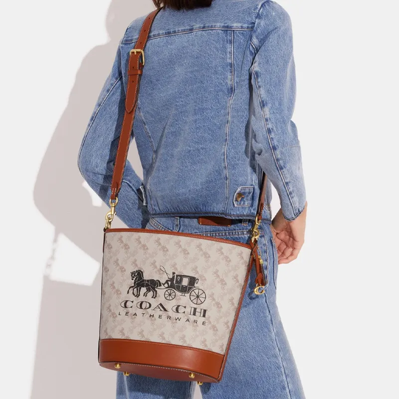 COACH Dakotah Canvas With Calfskin Bucket Bag, Handbag, Shoulder Bag, Crossbody Bag Large Size Women's White & Brown-4