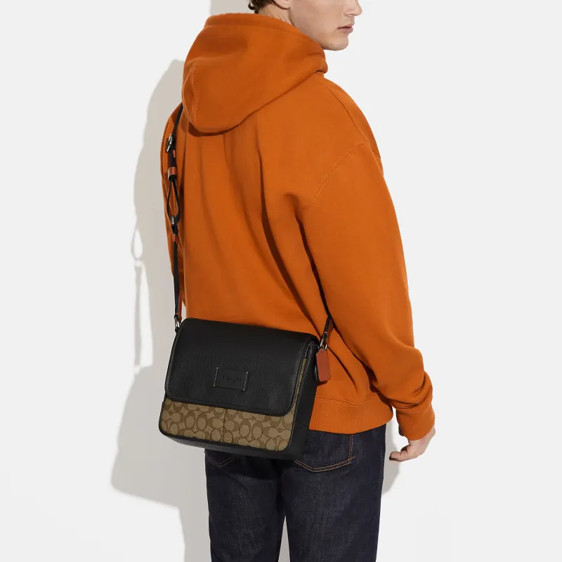 COACH Map Jacquard With Pebbled Leather And Calfskin Shoulder Bag, Crossbody Bag Medium Size Men's Brown & Black-3