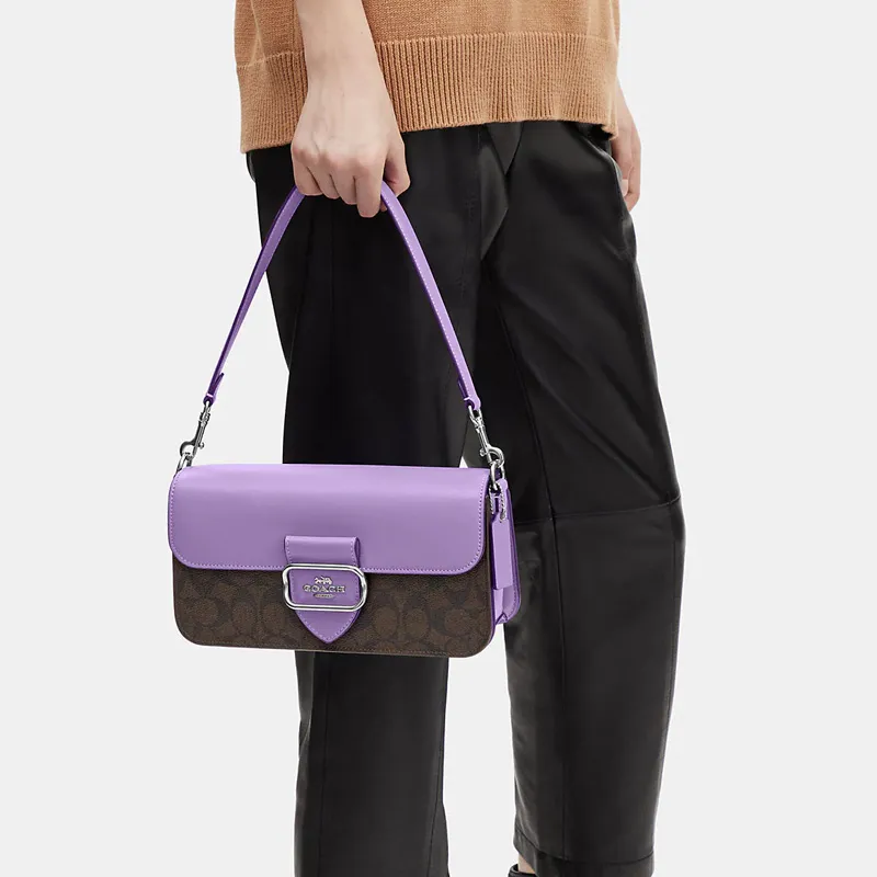 COACH Morgan Canvas With Leather Baguette Bag Handbag Shoulder Bag Women's Purple & Dark Brown Monogram-4
