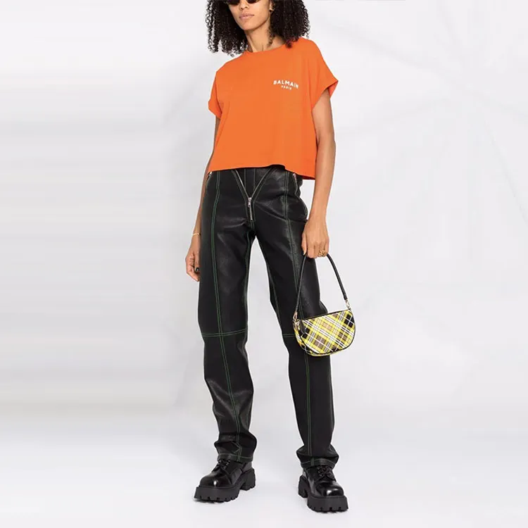 BALMAIN Cropped Short Sleeve Flock Detail T Shirt 'Orange'-2