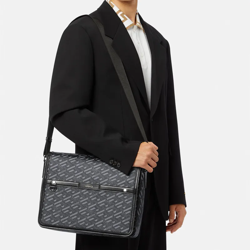 VERSACE VERSACE Cow Leather Patchwork With Polyurethane Messenger Bag Crossbody Bags Unisex Black-4