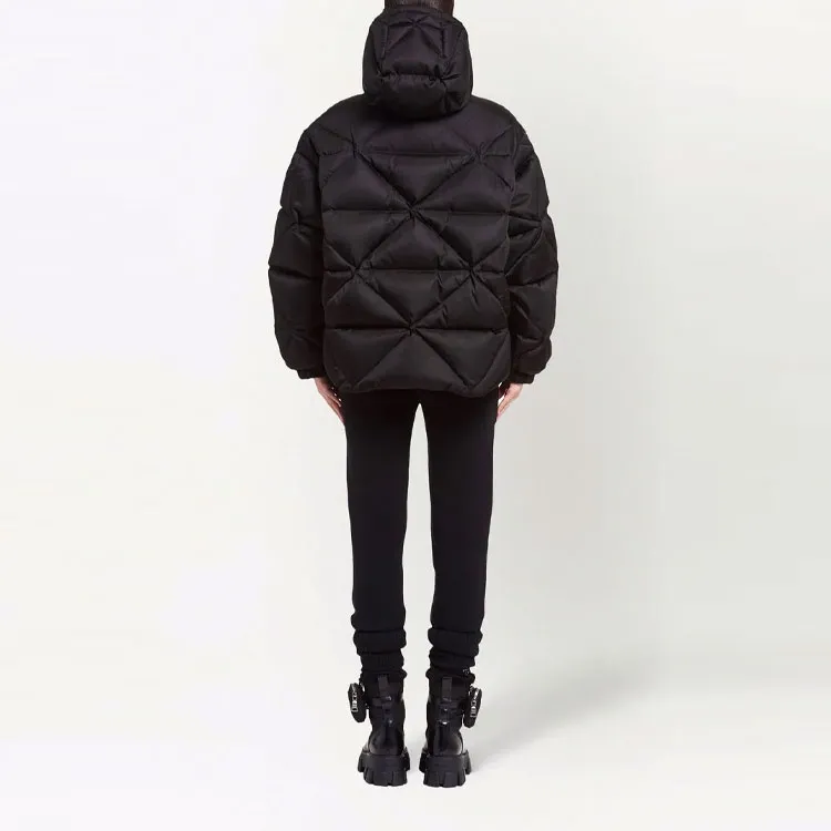 PRADA Letter Solid Color Hooded Loose Fit Down Jacket Women's Black-7