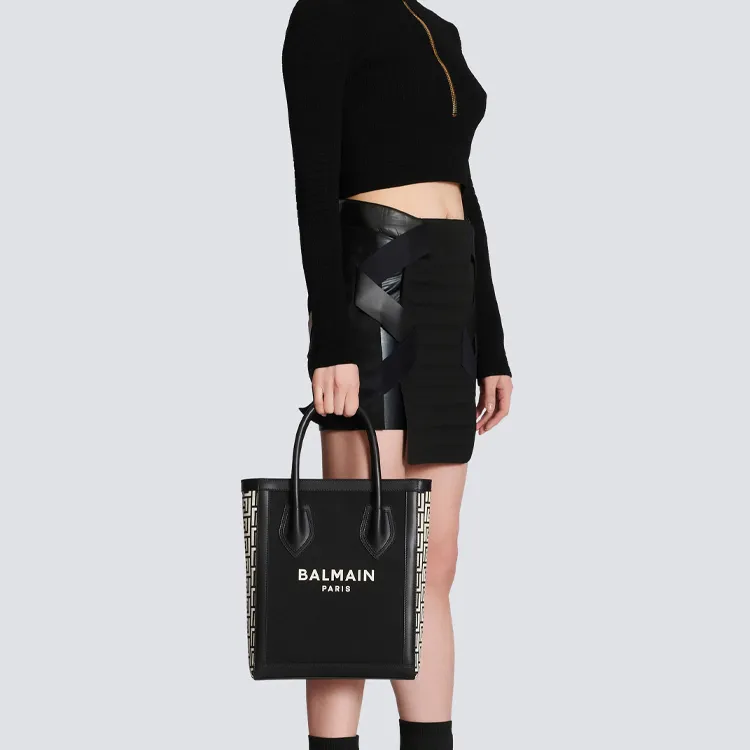BALMAIN B ARMY Canvas With Leather Canvas Bag, Shoulder Bag, Crossbody Bag, Handbag Medium Size Women's Black-3