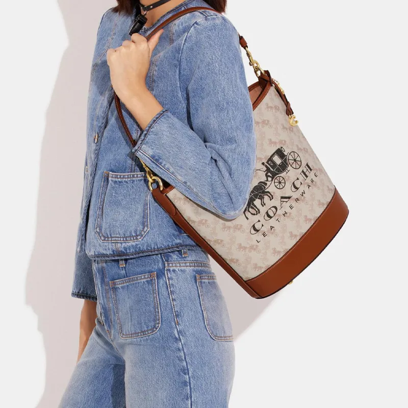 COACH Dakotah Canvas With Calfskin Bucket Bag, Handbag, Shoulder Bag, Crossbody Bag Large Size Women's White & Brown-3