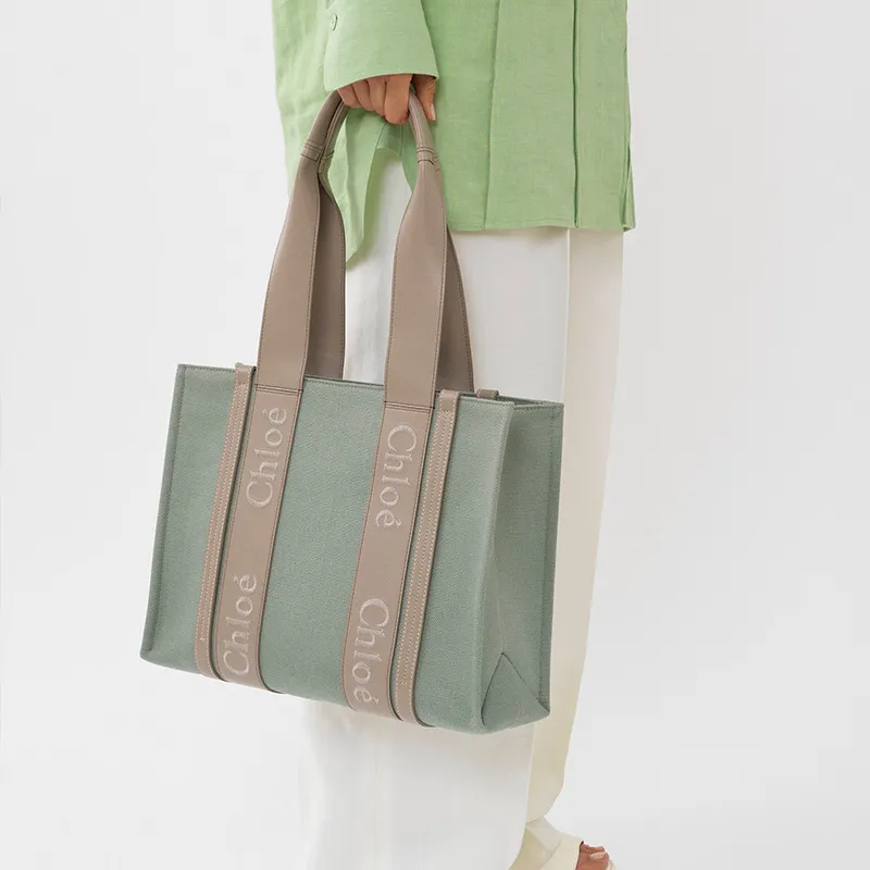 Chloe Woody Linen Canvas With Shiny Calfskin Tote Bag Shopping Bag Canvas Bag Handbags Medium Size Women's Light Green-4