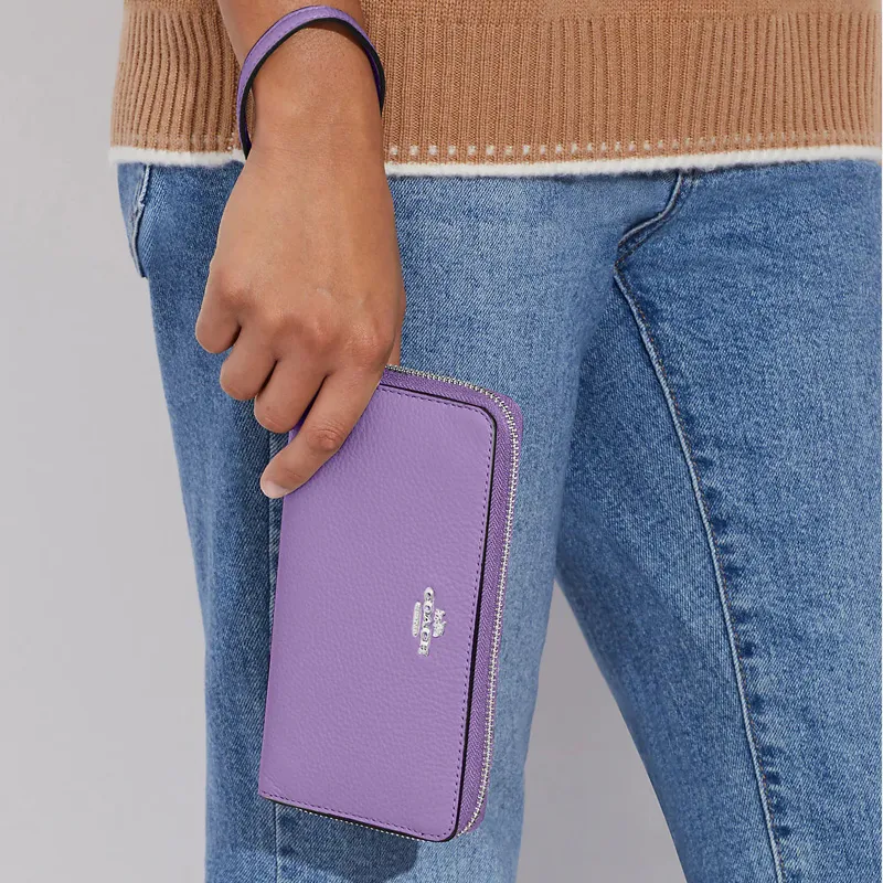 COACH Zip Around Pebbled Leather Clutches Wallets Women's Purple-2