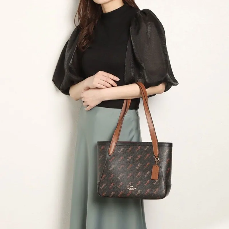 COACH Coated Canvas With Leather Tote Bag, Shopping Bag, Handbag, Shoulder Bag Women's Dark Brown-4