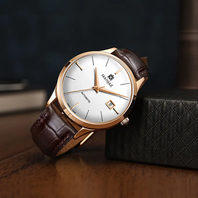 MANJAZ Automatic Mechanical Movement Genuine Leather Strap Watch Men's Watches White Dial-2