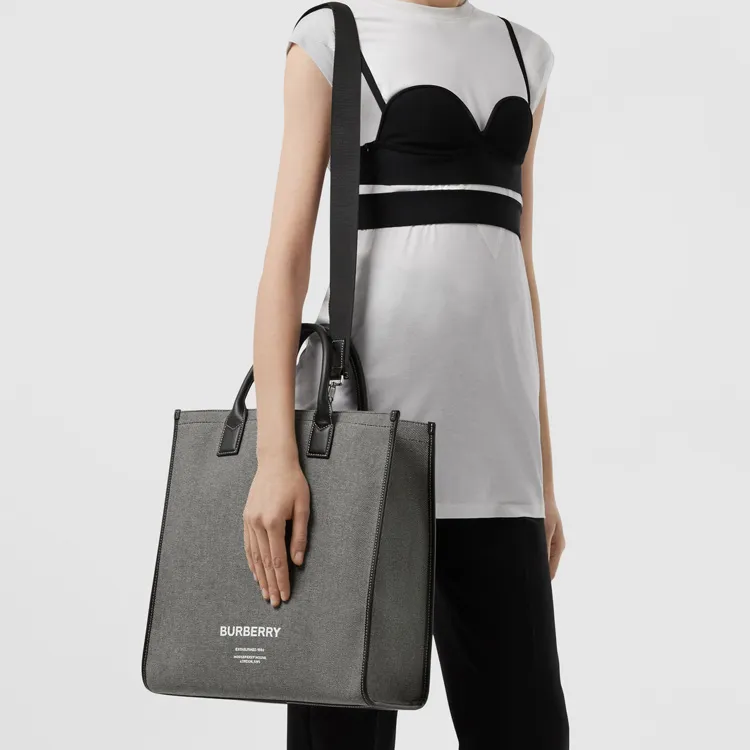 Burberry Horseferry Canvas Tote Bag Shopping Bag Shoulder Bag Crossbody Bag Handbag Men's Black/Gray-8