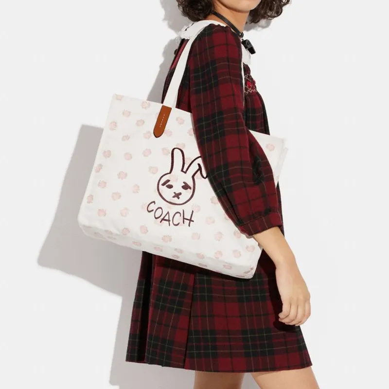 COACH Recycled Canvas With Recycled Leather Canvas Bag, One Shoulder Handbag Tubas Women's White-5