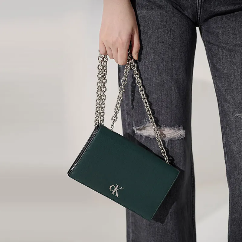 CALVIN KLEIN Artificial Leather Envelope Bag, Chain Wallet, Crossbody Bag, Shoulder Bag Women's Dark Ink Green-3