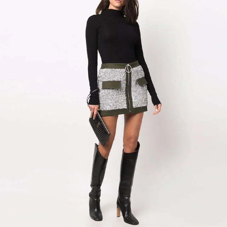 BALMAIN Short Low Rise Tweed And Canvas Skirt 'Silver/Military Green'-1