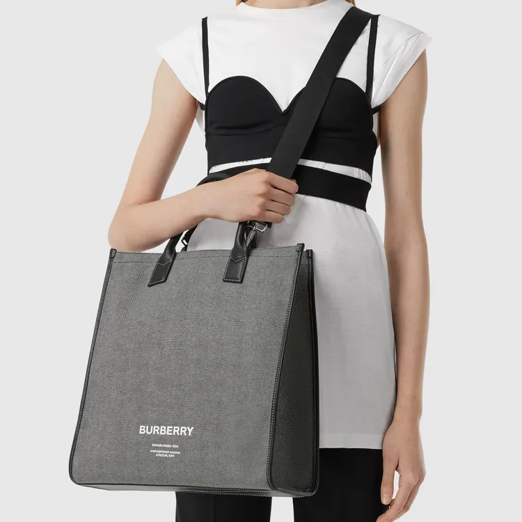 Burberry Horseferry Canvas Tote Bag Shopping Bag Shoulder Bag Crossbody Bag Handbag Men's Black/Gray-7