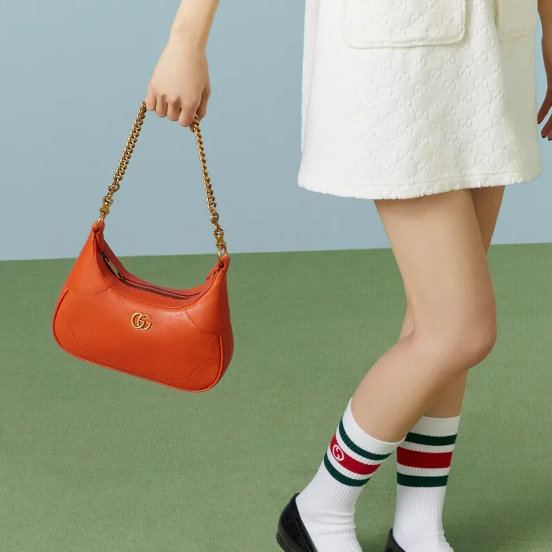 GUCCI Aphrodite Leather New Moon Shoulder Bag, Handbag, Shoulder Bag Small Size Women's Orange-11