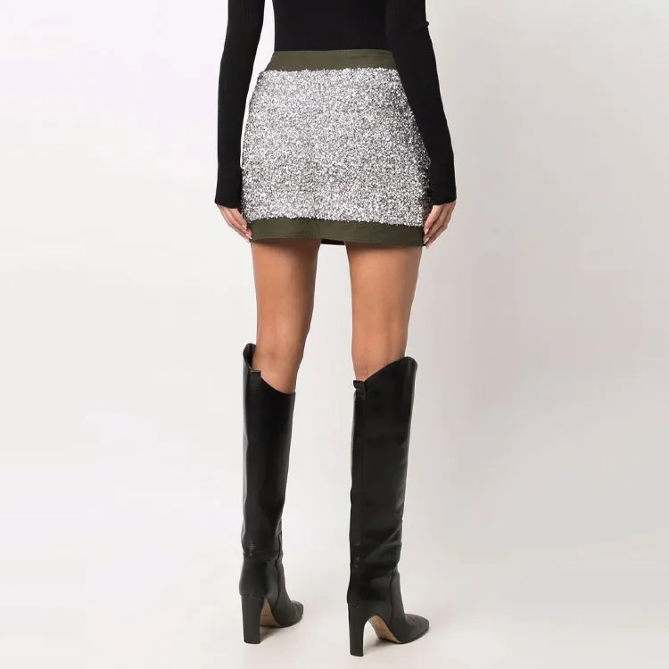 BALMAIN Short Low Rise Tweed And Canvas Skirt 'Silver/Military Green'-2