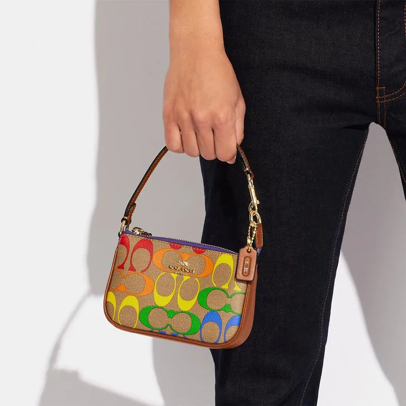 COACH Pebbled Leather Pochette, Shoulder Bag, Clutch, Wrist Bag Mini Women's Brown & Rainbow-3