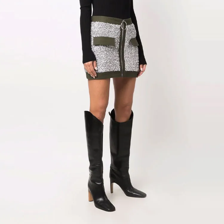 BALMAIN Short Low Rise Tweed And Canvas Skirt 'Silver/Military Green'-3
