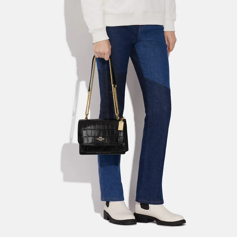 COACH Klare Crocodile Pattern Embossed Leather Small Square Bag Shoulder Bag Crossbody Bag Medium Size Women's Black-4