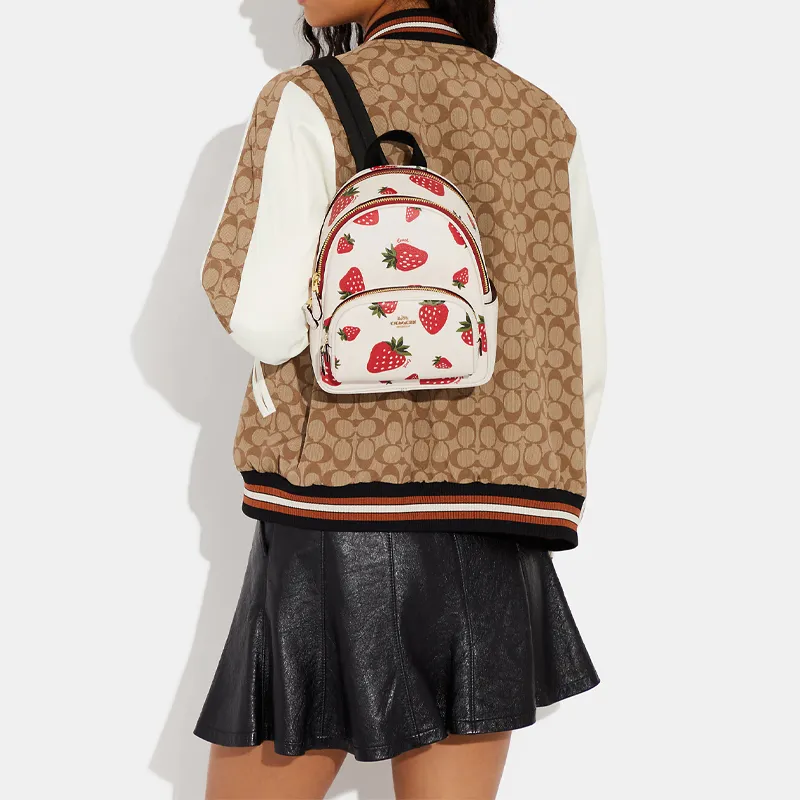 COACH Court Coated Canvas With Pebbled Leather Backpack Mini Women's White/Red-3