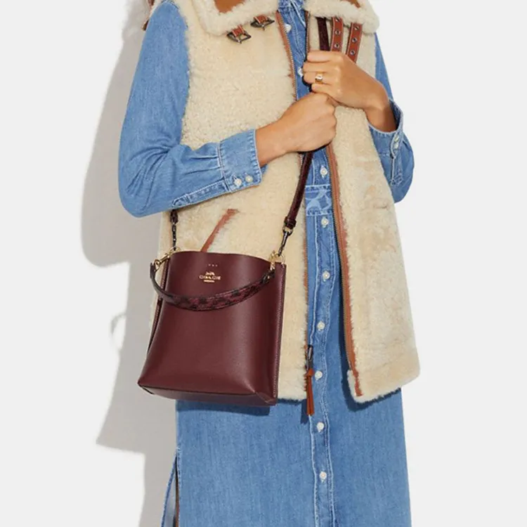 COACH Mollie Cow Leather Bucket Bag, Shoulder Bag, Crossbody Bag, Handbag Trumpets Women's Burgundy-4