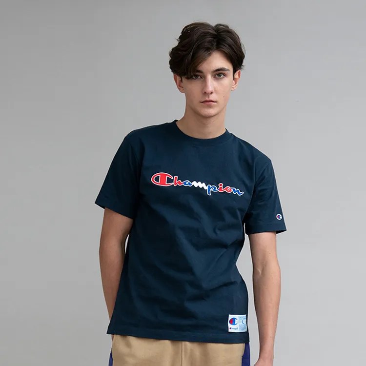 Champion Crew Neck Loose Fit Straight Short Sleeved T Shirt Japan Version Unisex Navy Blue-2