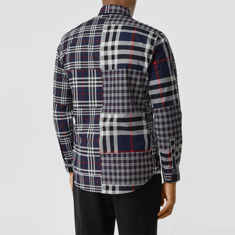 Burberry Check Spliced Square Collar Single-Breasted Shirt Dark Gray-3