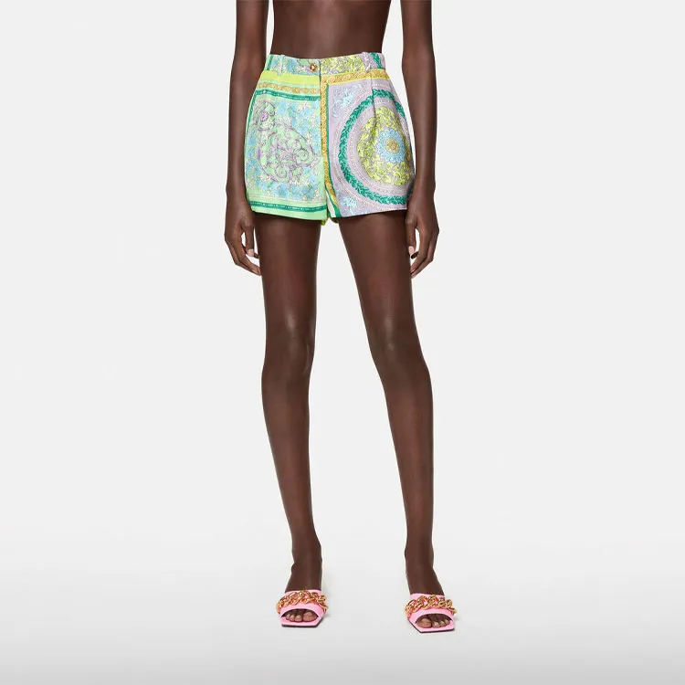 VERSACE Barocco Mosaic Print Silk Shorts 'Lilac/Green Water'-2