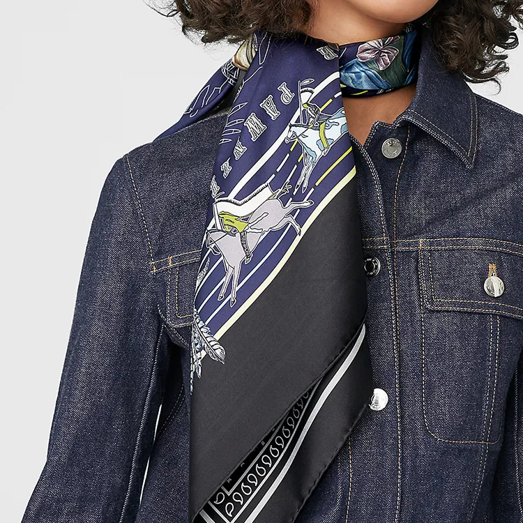 HERMES Silk Scarves Women's Navy Blue Black-2