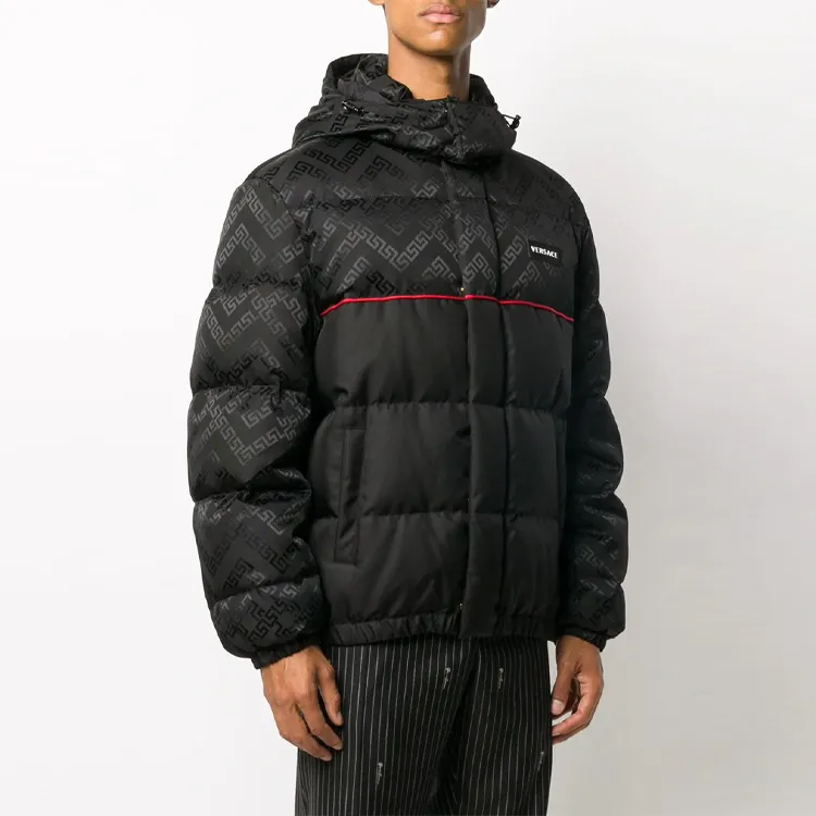 VERSACE Solid Color Detachable Hood Down Jacket Men's Black-3