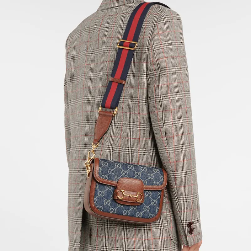 GUCCI Horsebit 1955 Leather Trim With Denim Saddle Bag, Crossbody Bag, Shoulder Bag Women's-10