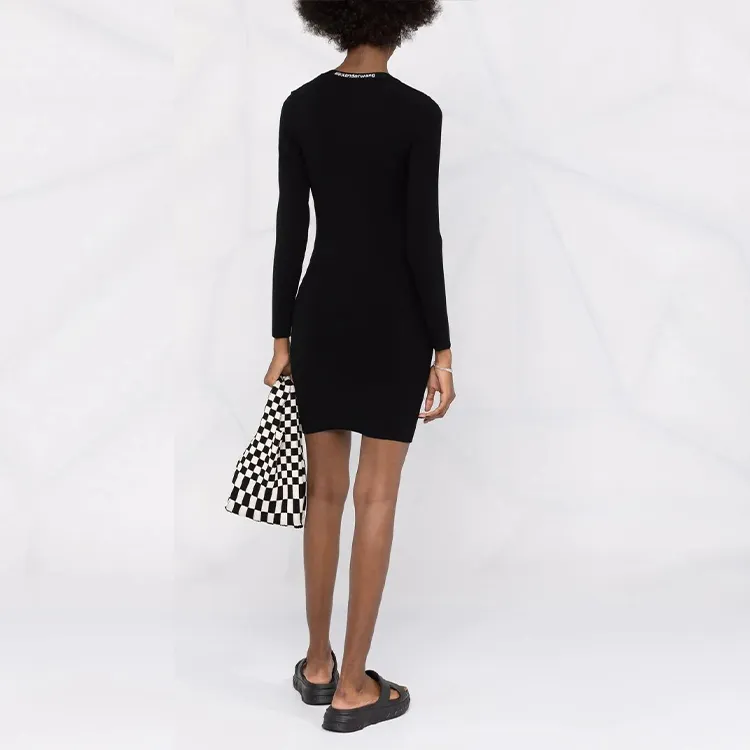 T By Alexander Wang Bodycon Ls Logo Jacquard Trim Scoop Neck Dress Black-2