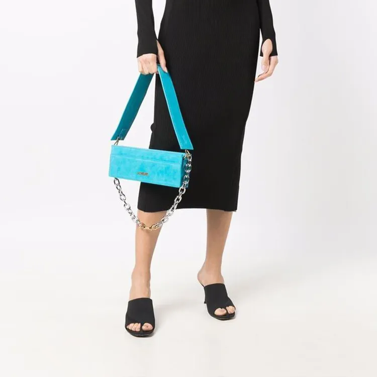 Jacquemus Leather Shoulder Bag, Baguette Small Square Bag Box Bag Shoulder Bag Women's Blue-4