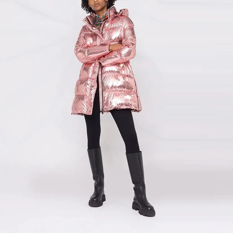 PINKO Shiny Hooded Mid-Length Puffer Jacket Women's Pink-1